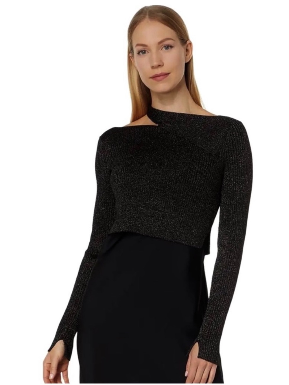 AllSaints metallic black ribbed sweater cutout shoulder small pullover classic